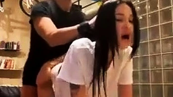 Small tit brunette amateur tugs on a big willie