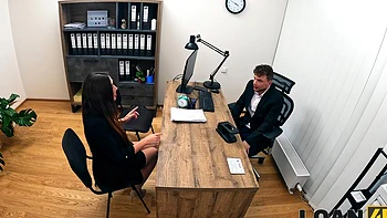 Czech casting with Pavlos and Sakura Hell in an office setting, getting naughty