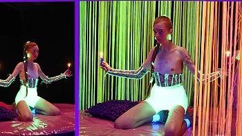 NEON GANGBANG -  Hot Wax and Hard Cocks Bless  Kiara's Shaved Pretty Pussy