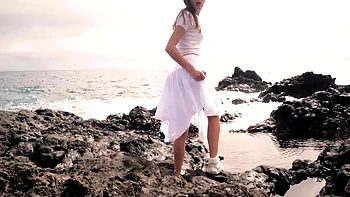 Outdoor pussy masturbation with teenage naked brunette