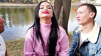 Sweetie in black nylons Daphne Klyde rammed by two huge dicks