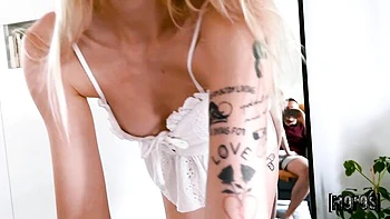 An innocent blonde Mimi Cica penetrated in the doggy style pose