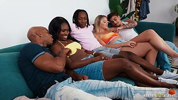 Beautiful interracial gangbang with a young brunette Liz Jordan