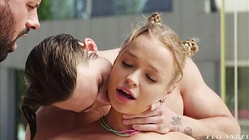 Outdoor 3some with a flexible young blonde Alexa Flexy and two men