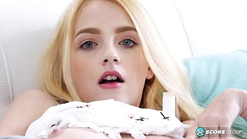 Sexy small-tit babe Kate Bloom is touching her shaved pussy