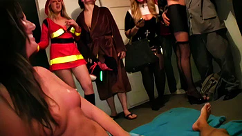 Eating party whore goes down on big cock at party