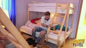 Fake Hostel - Cheating young girlfriend with amazing body and natural tits has sneaky sex with guy and his big cock before her absolute unit of a boyfriend wakes up and brings on t