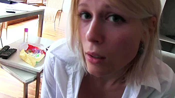 Blonde teen gives handjob and blowjob