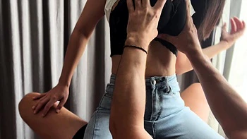 Busty curly brunette with big boobs fucks on couch