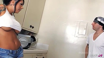 Inked Big Boobs tanned Bombshell Mason Moore seduce her Big Dick Co-Worker to Fuck at Break in kitchen