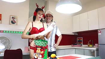 Hot homemade action with shaved pussy in the kitchen