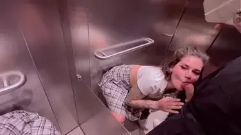 Beautiful girl Instagram blogger sucks in the elevator of the store and gets a facial