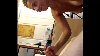 Shy amateur 18yo teen with perfect tits sucking only the head of his cock until he explodes