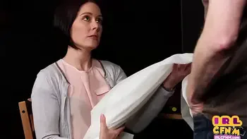 CFNM amateur MILF jerks and sucks for cum on stockings