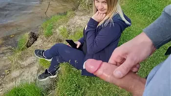 The exhibitionist man saw a lonely girl in nature and took out his dick in front of her and began to masturbate the dick in front unfamiliar beauty, he risks scaring her, but she likes to look at a big male dick and wants to see his cumshot
