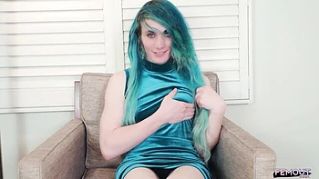Scarlet Rebel's slim tgirl fingers her tight pussy
