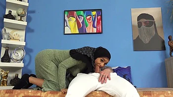 Sexy babe in hijab sucked hard cock instead of her duties